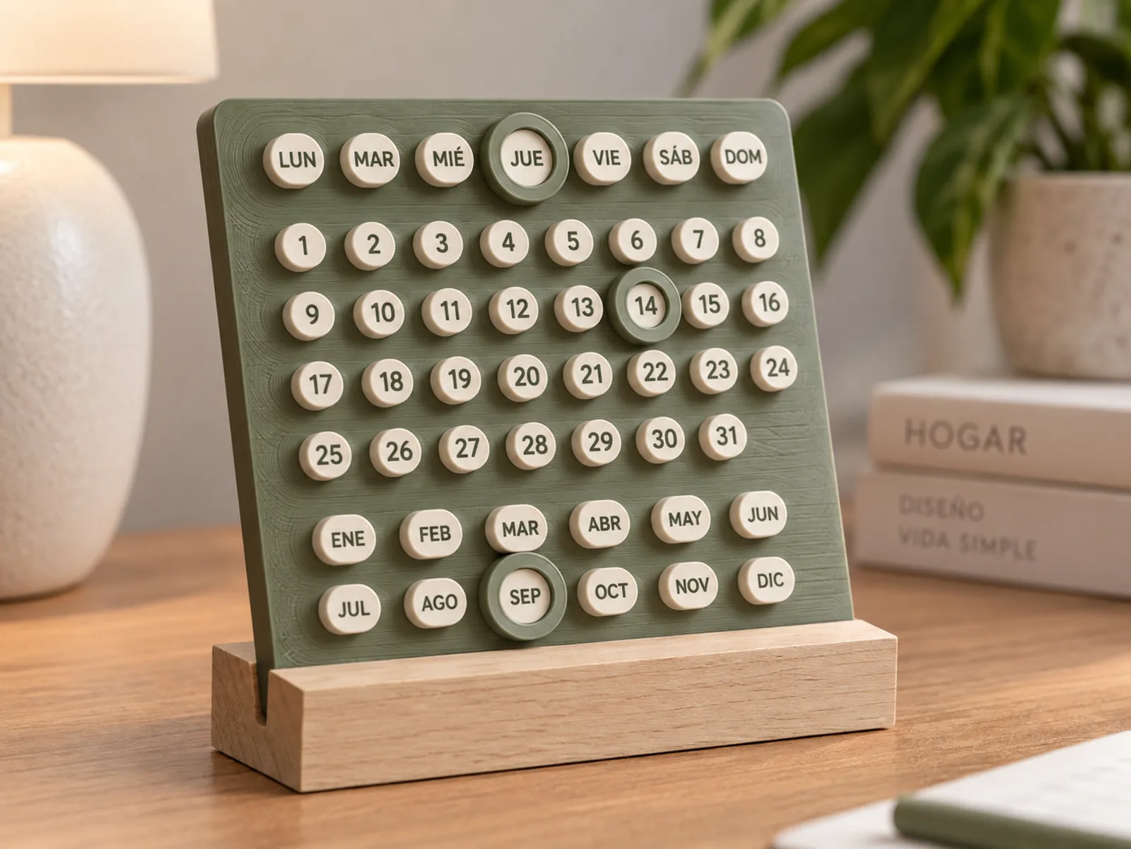 Calendario perpetuo de escritorio en verde con fichas color crema para días, números y meses, montado en una base de madera.