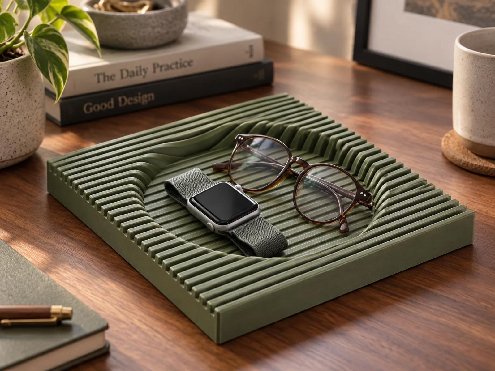 Bandeja de escritorio acanalada en verde olivo con unos lentes y un reloj encima.