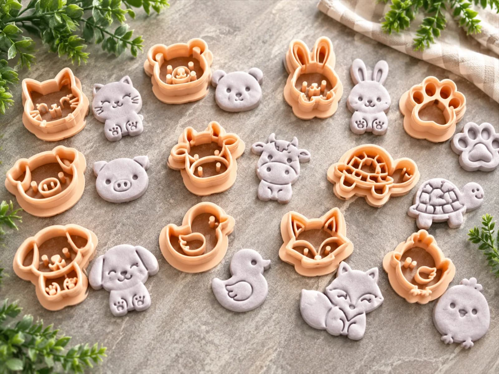 Juego de cortadores de galletas con forma de animales —gato, oso, conejo, vaca, tortuga, zorro— junto a las figuras de masa que dejan marcadas.