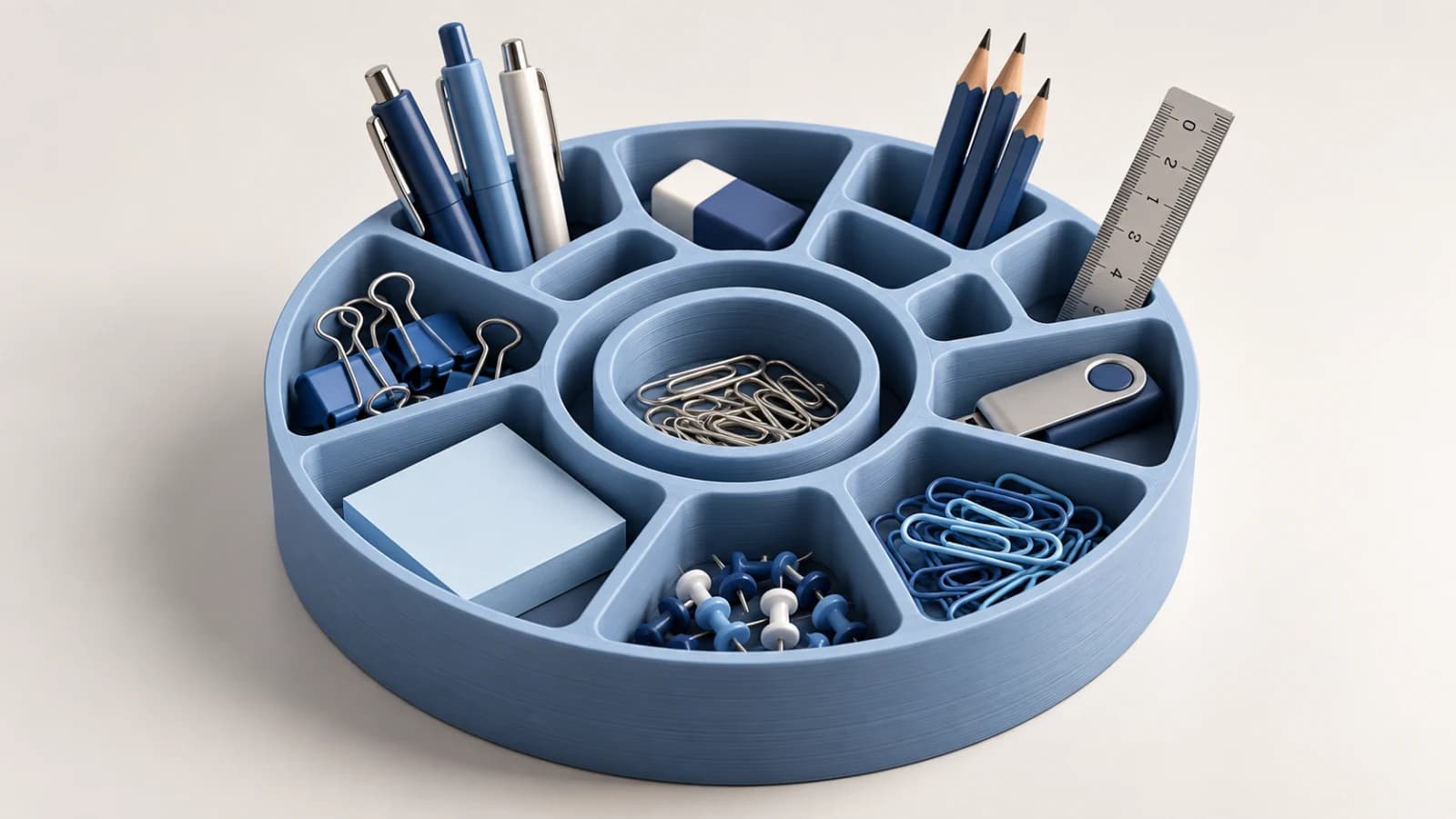 Organizador de escritorio circular en azul, con ocho compartimentos alrededor de uno central, lleno de plumas, lápices, clips, chinches y notas.